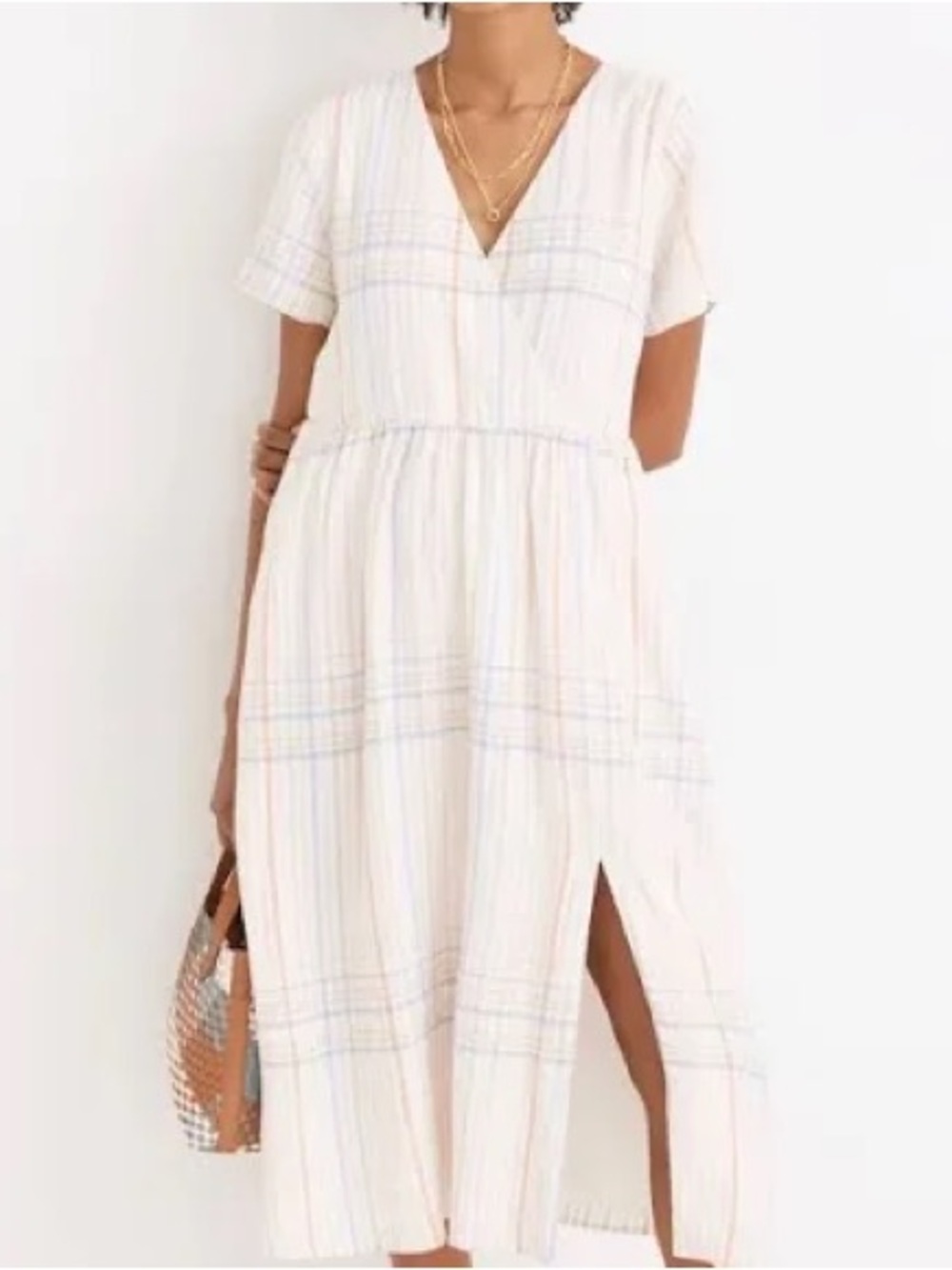 Madewell Linen-Blend Clara Midi Dress in a muted blush pastel plaid pattern XS
